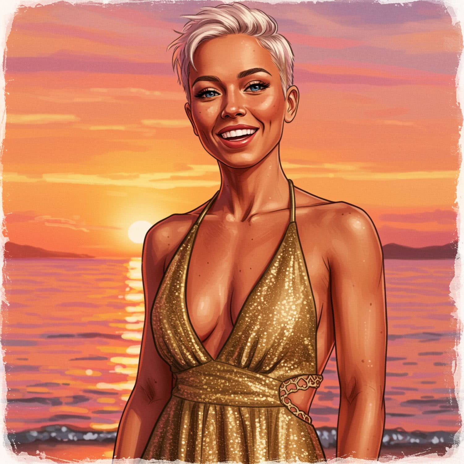 Wysportowana piękność z Kalifornii – pixie cut i glamorous party dress