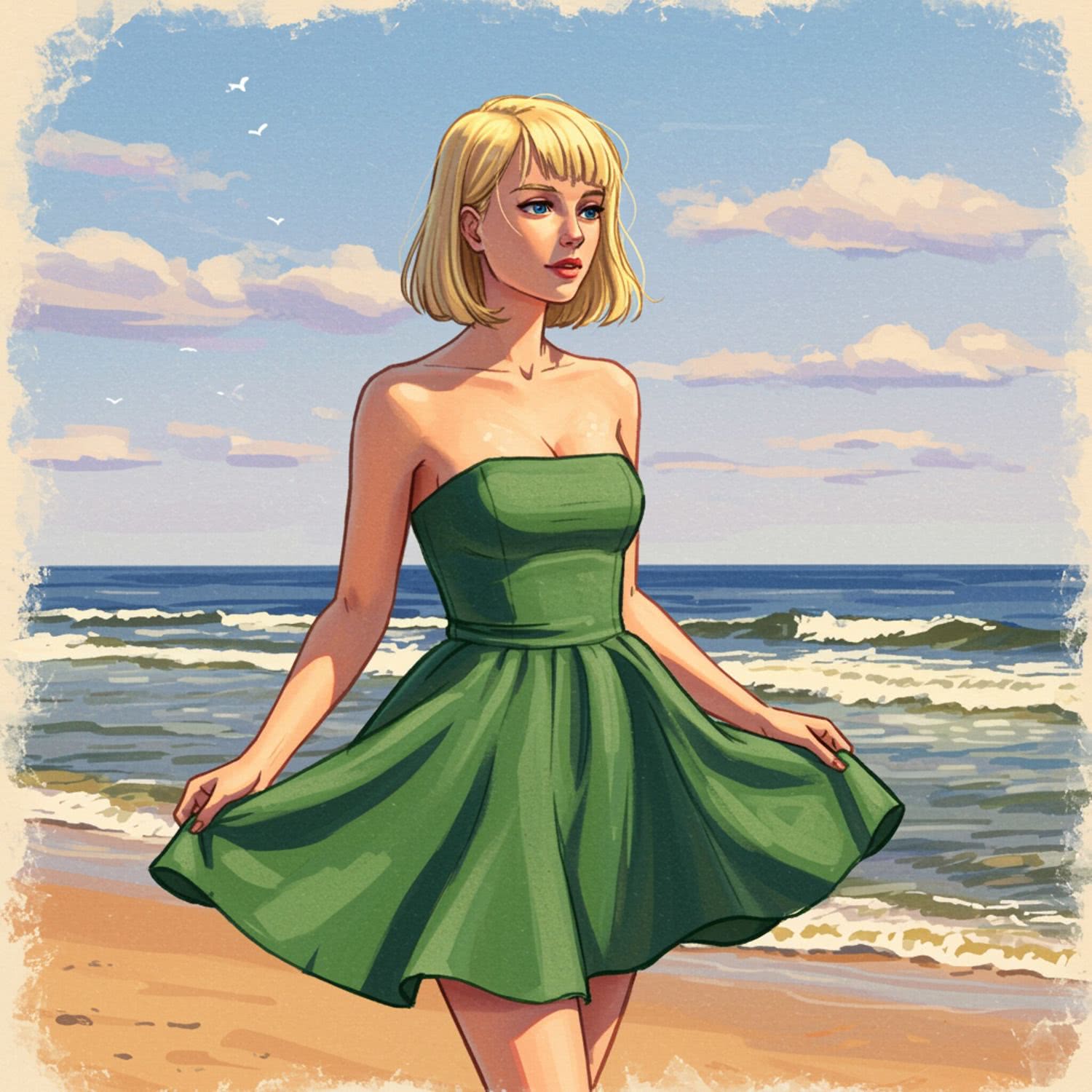 Ona – Blondynka ze Szwecji w zielonej sukience *strapless*