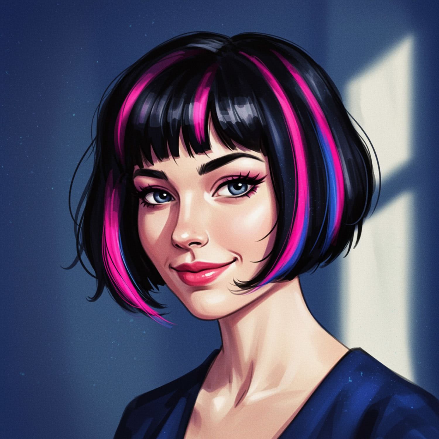 Bob cut z kolorowymi pasemkami na czarnych włosach – odważna metamorfoza