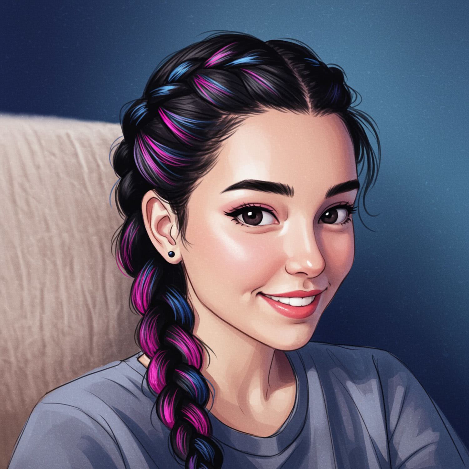 Czarne włosy z kolorowymi pasemkami – magia warkocza francuskiego