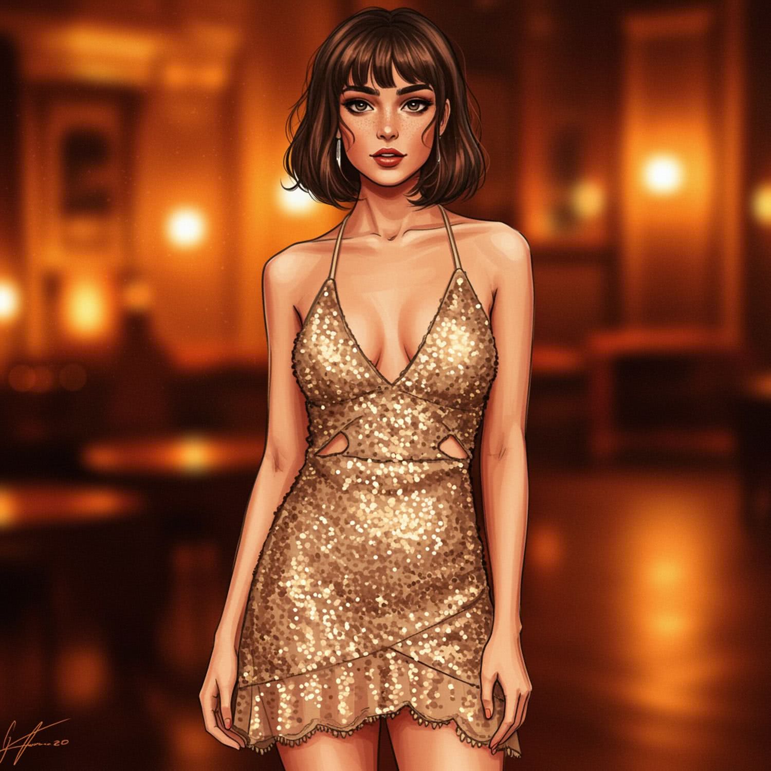 Ona – opalona brunetka w złotej sukience glamour