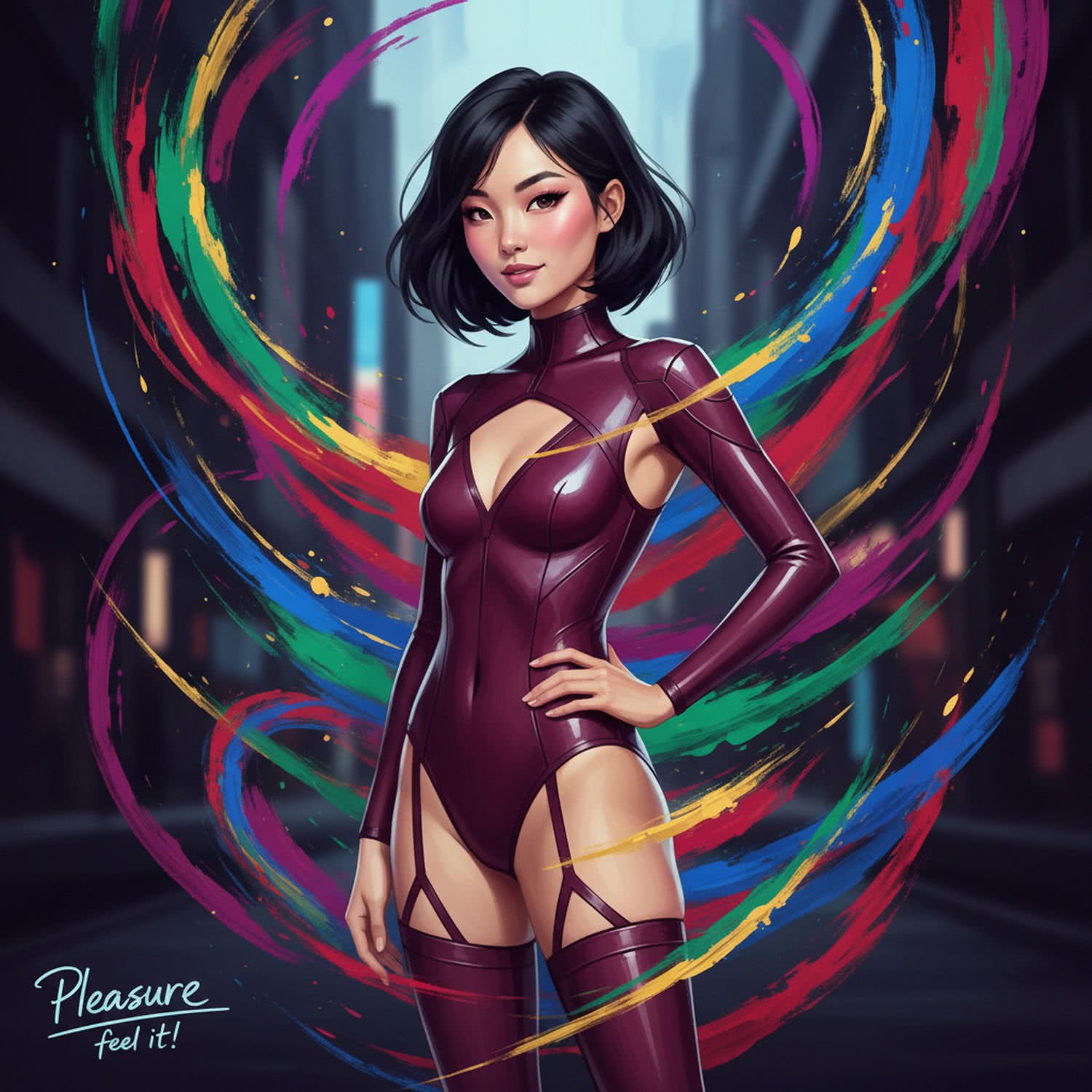 Lila w burgundowym neoprenie – azjatycka ikona zmysłowej geometrii