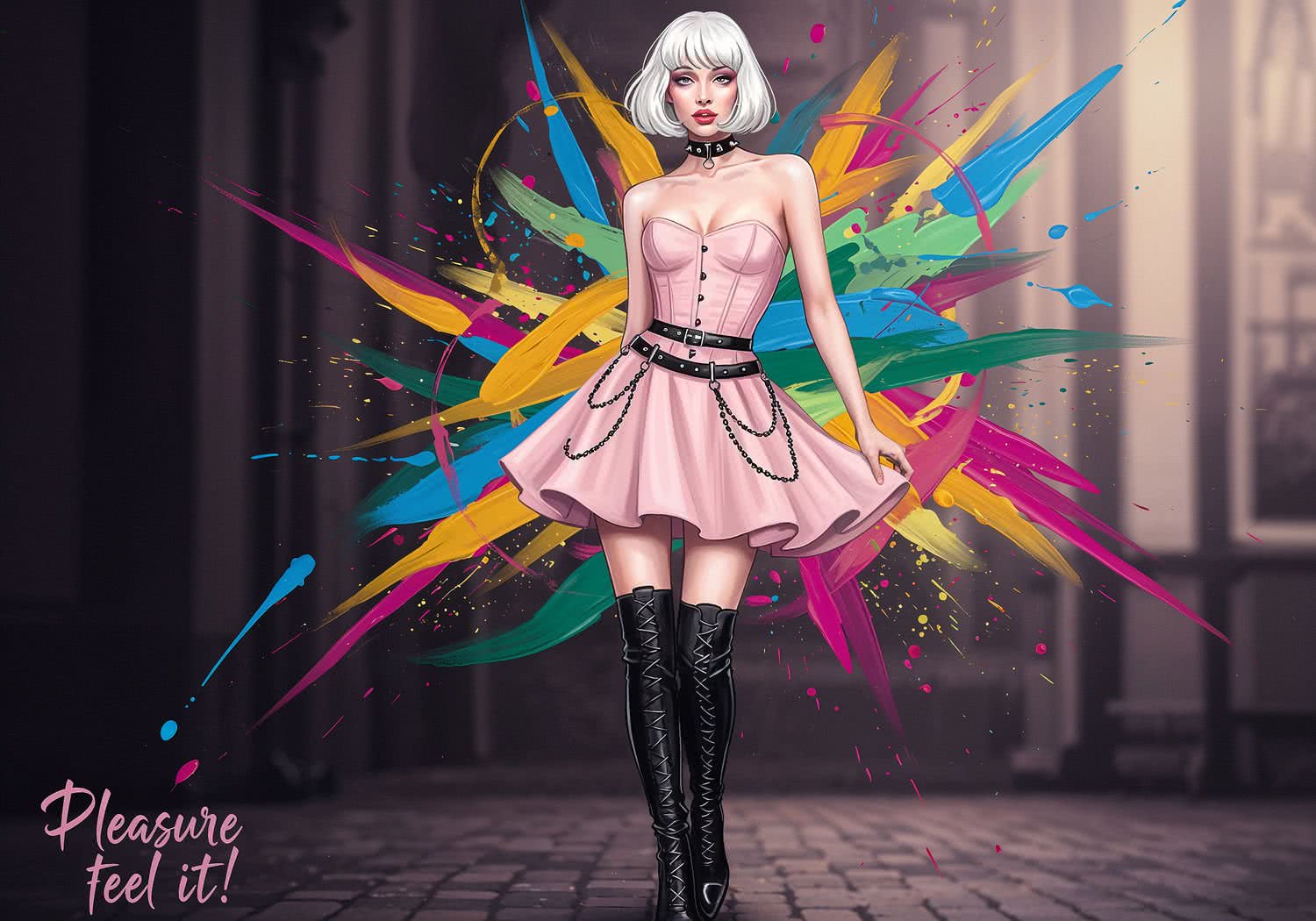 Elara Voss w pudrowym BDSM – delikatna blondynka ożywia róż z metalicznym pazurem