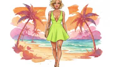 Neonowa limonka z Brazylii – trapezowa sukienka mini w stylu vintage na plażowe popołudnia