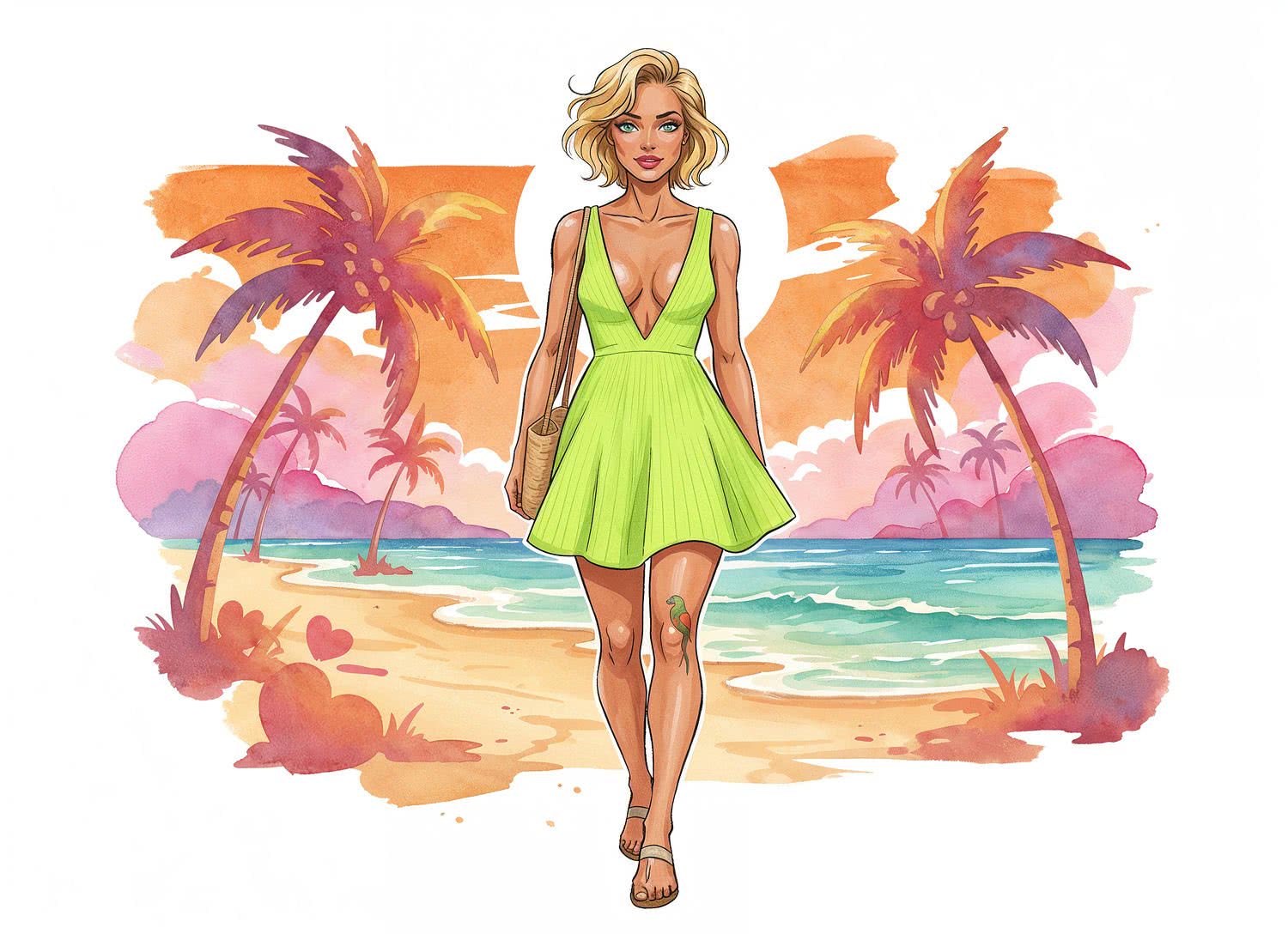 Neonowa limonka z Brazylii – trapezowa sukienka mini w stylu vintage na plażowe popołudnia